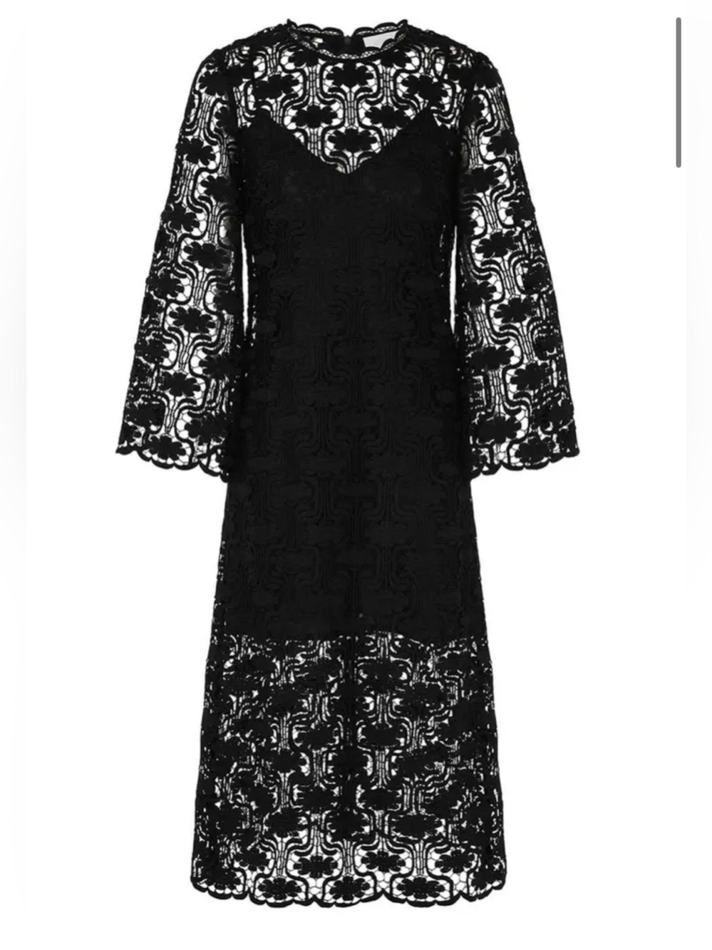 Zimmermann Black Lace Midi Dress with sheer sleeves and mini lining.